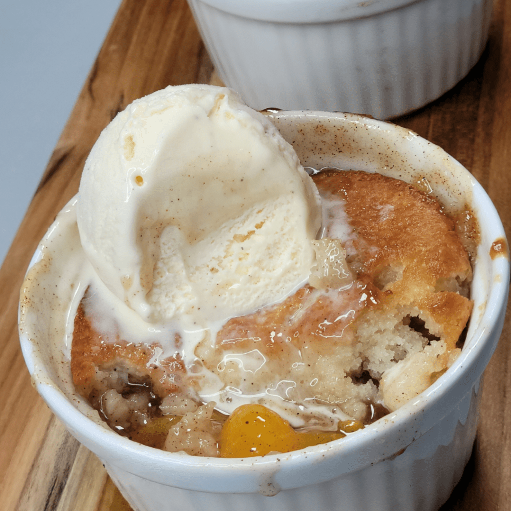 peach cobbler in ramekin